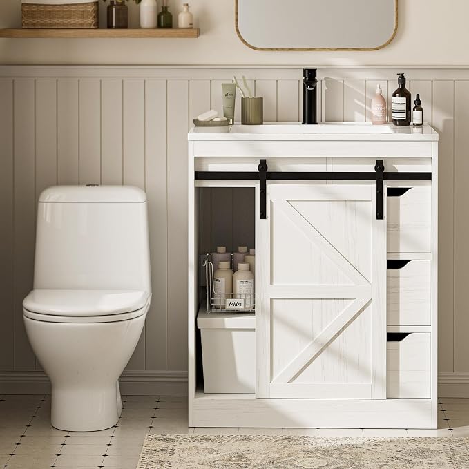 SUNTAGE Bathroom Vanity with Sink, Freestanding Farmhouse Bathroom Storage Cabinet with 3 Drawers & Sliding Door, White Resin Basin Vanity Combo Set (Distressed White, 30")