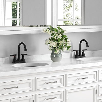 Bathroom Faucets for Sink 3 Hole, Hurran 4 inch Matte Black Bathroom Sink Faucet with Pop-up Drain and 2 Supply Hoses, Stainless Steel Lead-Free Centerset Faucet for Vanity RV, 2 Pack