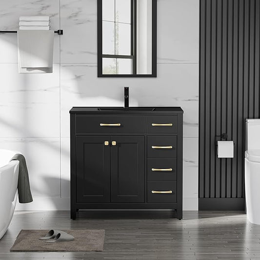LUCKWIND 36" Bathroom Vanity with Sink Combo, Painted Modern Bathroom Storage Cabinet with Large Black Sink, Two Doors and Three Drawers, Include Faucet, Without Mirror, Black