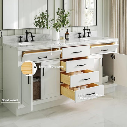 ARIEL Hepburn 72-inch Bathroom Vanity with Sink,Solid Wood, 1.5-inch Italian Carrara Marble Countertop & Backsplash, Double Oval Porcelain Sink, 4 Soft Closing Doors, 6 Dovetail Drawers, White