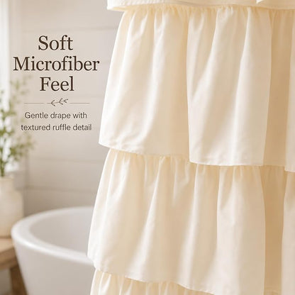 Beige Ruffle Shower Curtain for Bathroom, 72x84 inch, Elegant Ruffled Panel | Ruched Fabric Texture, Cascading Waterfall Ruffles, Extra-Long 72 X 84, 12 Hooks Included, Machine Washable, Opaque Rustic