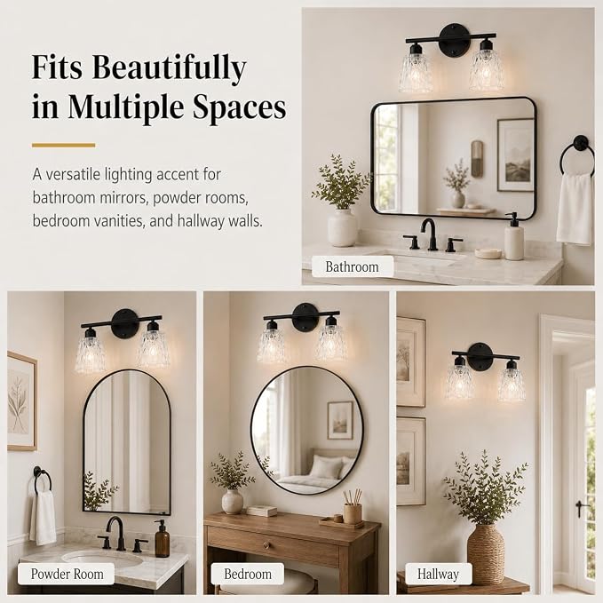 Black Bathroom Vanity Light Over Mirror, 2-Light Wall Mount Fixture with Textured Glass Shades, Stainless Steel Bar Design, E26 Base Sockets (Bulbs Not Included)
