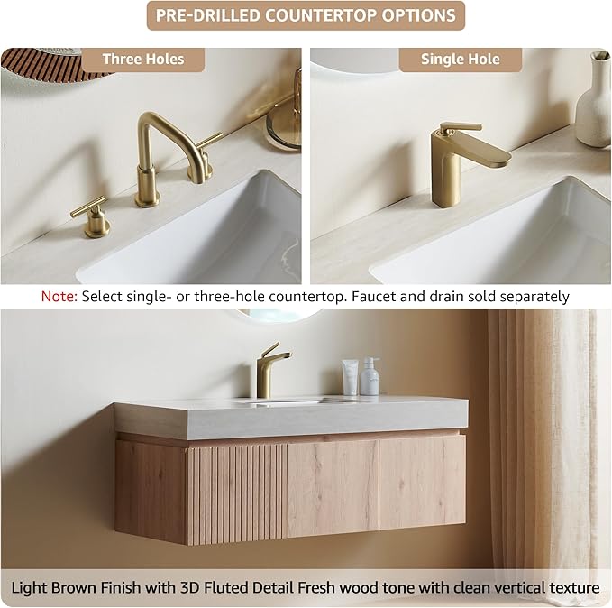 48” Floating Bathroom Vanity with Sink, Wall-Mounted Cabinet with Drawer & Doors, Roma Travertine-Pattern Countertop, Undermount Basin, Single Faucet Hole, Soft-Close, Pre-Assembled, Light Oak