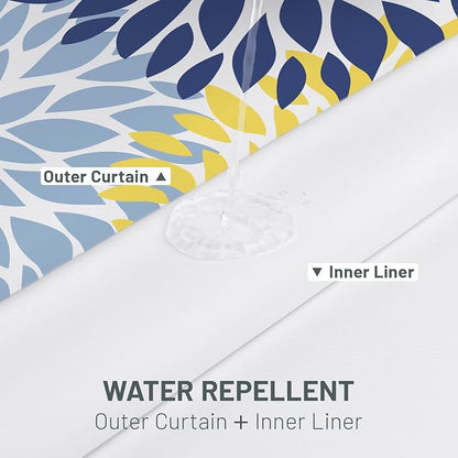 No Hook Floral Shower Curtain with Liner, Yellow, 71x74 | Snap in Liner, 3 in 1, Water Repellent, Easy Install, Machine Washable, Hotel Style for Bathroom, Watercolor Pattern