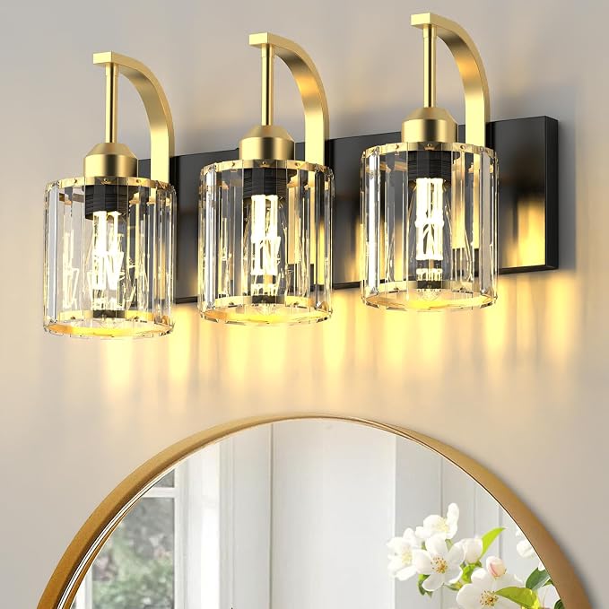 3-Light Bathroom Vanity Light Fixtures, Modern Bathroom Lighting Fixtures Over Mirror with Golden Crystal Lampshade, E26 Base Modern Vanity Lighting, Suit for Stairway Bedroom and Hallway