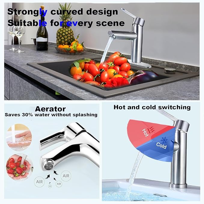 Bathroom Cold & Hot Stainless Steel Faucet, Ceramic Valve Cylinder; Silent Anti-Drip, Single Handle, Water Saving, Washbasin Sink, for Bathroom & Basin, Small Kitchen Faucet (Brushed)