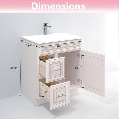 30" Shaker Bathroom Vanity Sink Base with Drawers (Ready-to-Assemble) (Antique White Vanity Base)