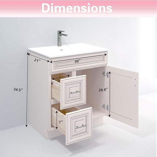 30" Shaker Bathroom Vanity Sink Base with Drawers (Ready-to-Assemble) (Antique White Vanity Base)