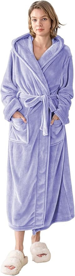 Robes for Women - Hooded Plush Fleece Bathrobe with Sash & Pockets, Full-Length Lightweight Spa Robe
