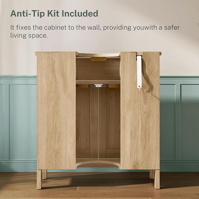 Pedestal Sink Storage Cabinet with 2 Doors and Drawer, Bathroom Sink Cabinet with U-Shape Cut-Out, Fluted Pedestal Sink Cabinet, Natural Oak
