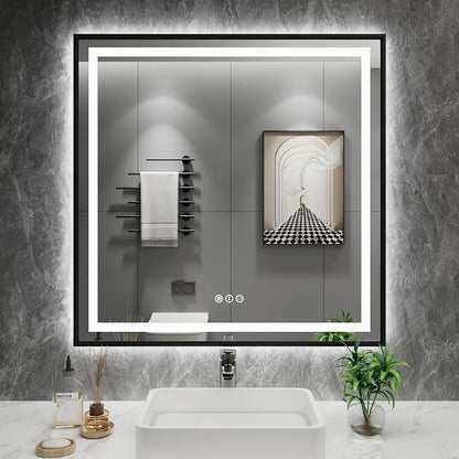 36"X36" LED Bathroom Mirror with Black Frame, Front Lit and Backlit | Metal Framed Mirror, Stepless Dimmable, HD Reflection, Anti-Fog, Shatter-Proof, Memory, 3 Colors Lighting, UL Listed.