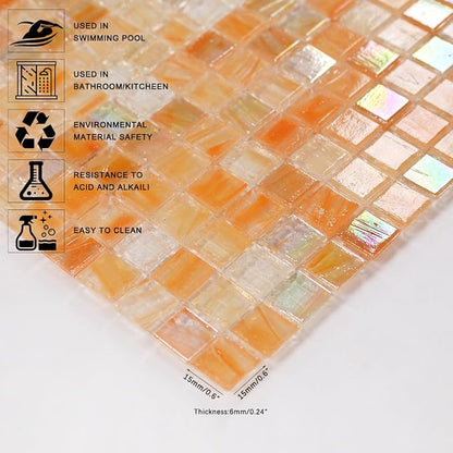 5.75 Sq.Ft Iridescent Orange Glass Mosaic Tile for Bathroom, Backsplash | Waterproof Wall & Floor Tile. Heat & frost resistant outdoors, Swimming Pool, Fireplace, Restaurants, Hotels, Laundry, 10pcs.