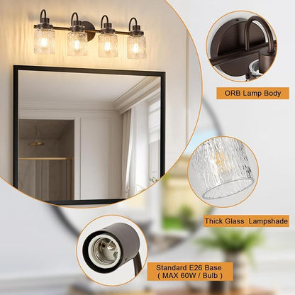 4 Lights Bathroom Vanity Light, Oil Rubbed Bronze Bathroom Light Fixtures with Hammered Glass Lampshade for Dressing Table,Over Mirror,Hallway