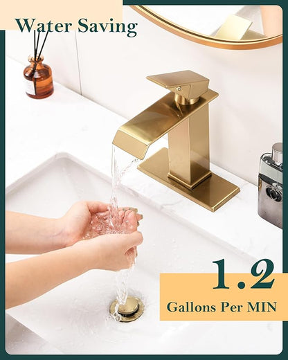 Gold Waterfall Bathroom Sink Faucet, Brushed Gold Finish, Single Handle, 1 or 3 Hole Installation, Metal Pop Up Drain, 23.6-inch Hoses, 3/8 Inch Compression Threads