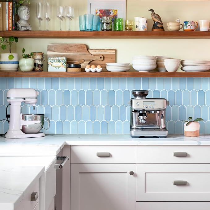 Vamos Tile Thicker Peel and Stick Backsplash Tile,Light Blue,10-Sheet | Self Adhesive Vinyl Wall Tiles with White Grout, Stick on Backsplash for Kitchen, Bathroom, RV,Laundry,11.1''x12''