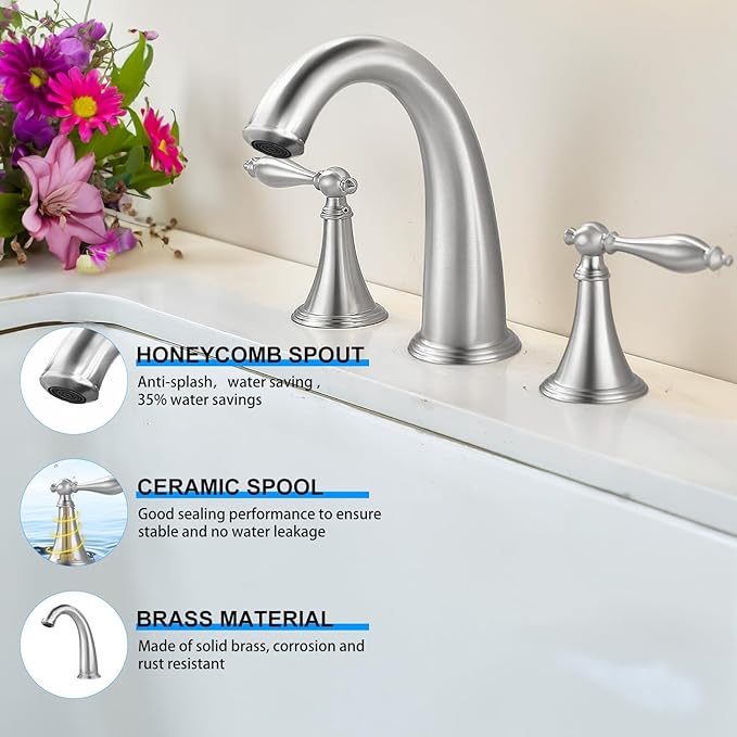 SaniteModar Brushed Color Bathroom Sink Faucet,Brass Bathroom Faucet 3 Hole,Widespread Bathroom Faucet for Sink 3 Hole,2 Handles Design with Water Supply Lines and Pop-up Drain