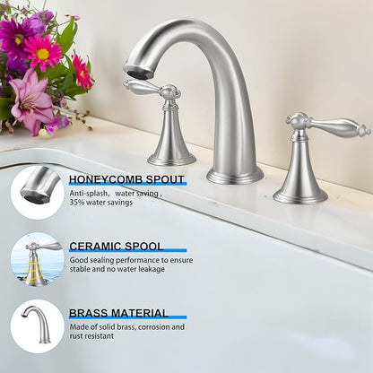 SaniteModar Brushed Color Bathroom Sink Faucet,Brass Bathroom Faucet 3 Hole,Widespread Bathroom Faucet for Sink 3 Hole,2 Handles Design with Water Supply Lines and Pop-up Drain