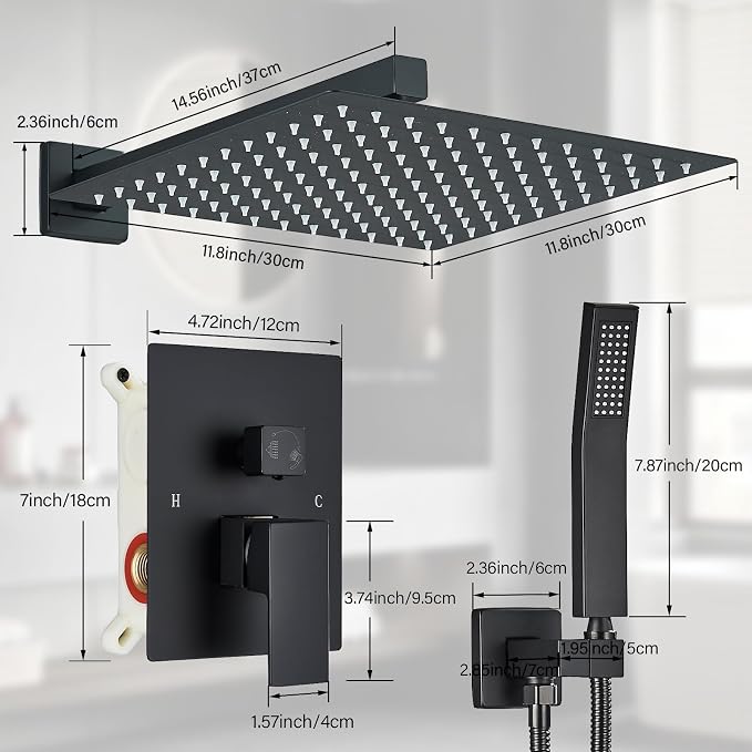 Shower Faucet Matte Black Shower System with 12 Inches Rain Shower Head and Handheld Spray Bathroom Luxury Rain Shower Faucet Set Complete Wall Mounted