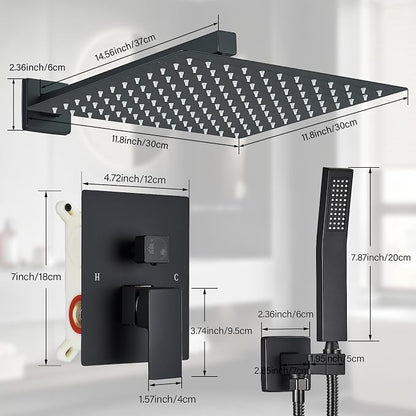 Shower Faucet Matte Black Shower System with 12 Inches Rain Shower Head and Handheld Spray Bathroom Luxury Rain Shower Faucet Set Complete Wall Mounted