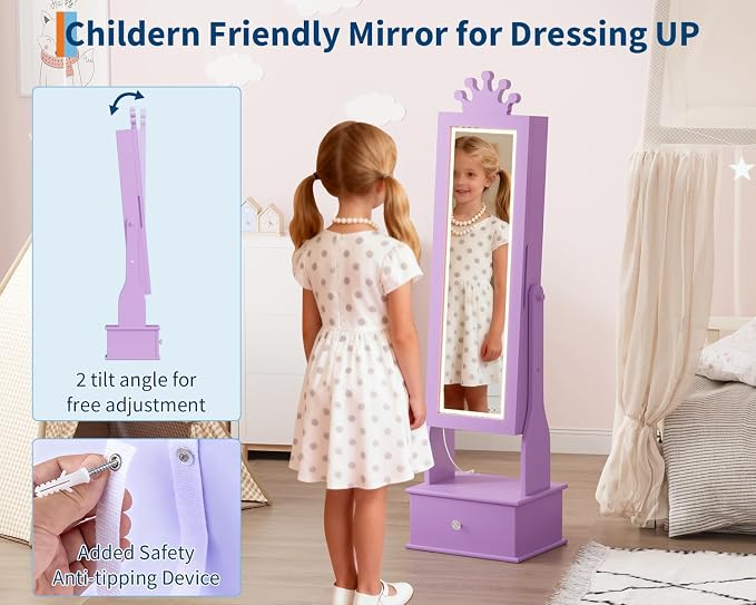 GarveeHome Kids Jewelry Armoire,Child Jewelry Cabinet with Led Light,Freestanding Jewelry Organizer with Full-Length Mirror,3 Storage Drawers,Kids Vanity Dress Up Mirror Cabinet for Girls（Purple）