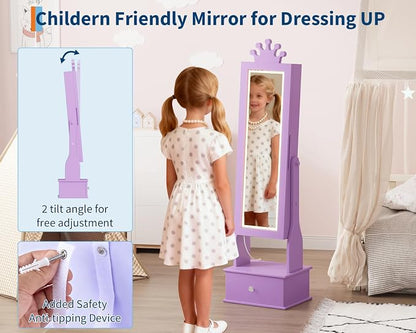 GarveeHome Kids Jewelry Armoire,Child Jewelry Cabinet with Led Light,Freestanding Jewelry Organizer with Full-Length Mirror,3 Storage Drawers,Kids Vanity Dress Up Mirror Cabinet for Girls（Purple）