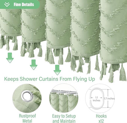 Long Boho Farmhouse Shower Curtain Tufted Chevron 72x78 Sage Green | 78 Inch Tall, Elegant Tassel, Lightweight Textured Fabric, Water Repellent, Washable, Hotel Spa, for Bathroom/Dorm 12 Hooks