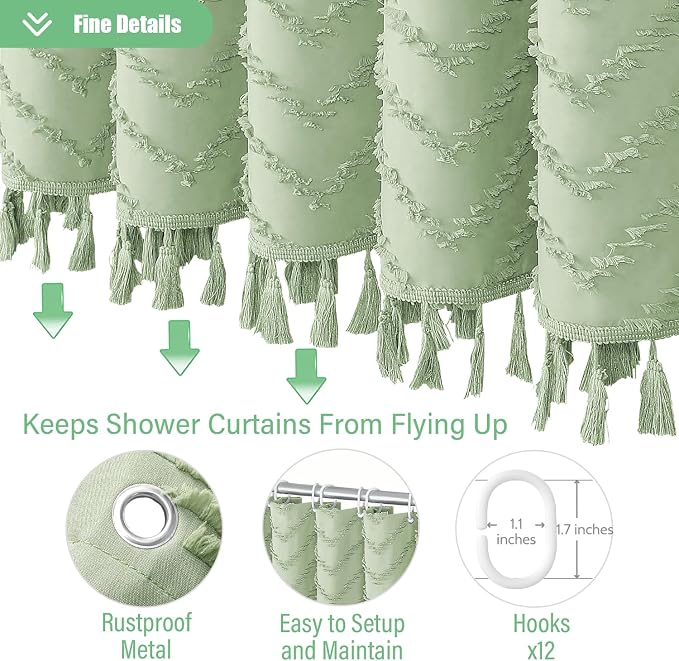 Extra Long Boho Shower Curtain Tufted Chevron 72"x96" Sage Green | 96 Inch Tall, Elegant Tassel, Lightweight Textured Fabric, Water Repellent, Washable, Hotel Spa, for Bathroom/Dorm 12 Hooks