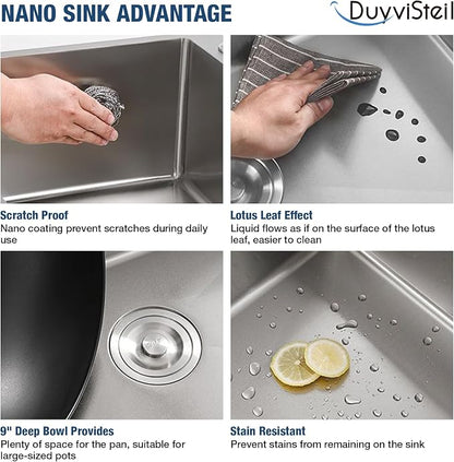 25x22 Inch Drop In Kitchen Sink, 20 Gauge 304 Stainless Steel Single Bowl Top Mount Sinks, Brushed Nickel Handmade Round Corner 25"x22"x9"
