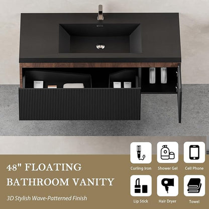 Floating Bathroom Vanity, 48" Wall Mounted Bathroom Cabinet with Matte Black Quartz Sand Sink, U-Shaped Soft-Close Drawer & Door, Pre-Assembled Striped Storage Vanity for Bathroom, Walnut&Black