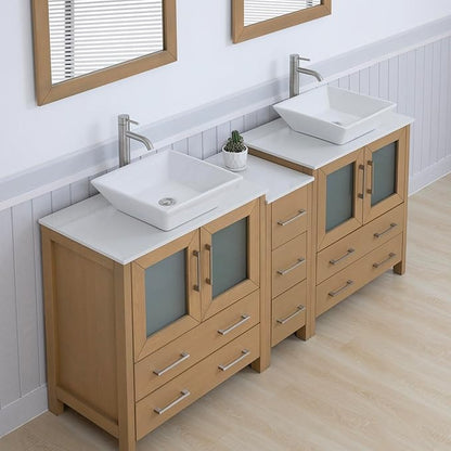 Vanity Art 72 Inch Vessel Double Sink Bathroom Vanity Cabinet with 2 Mirrors, Engineered Marble Top Bathroom Cabinet Compact Set with 7 Dovetail Drawers and Soft Closing Doors, VA3130-72NO