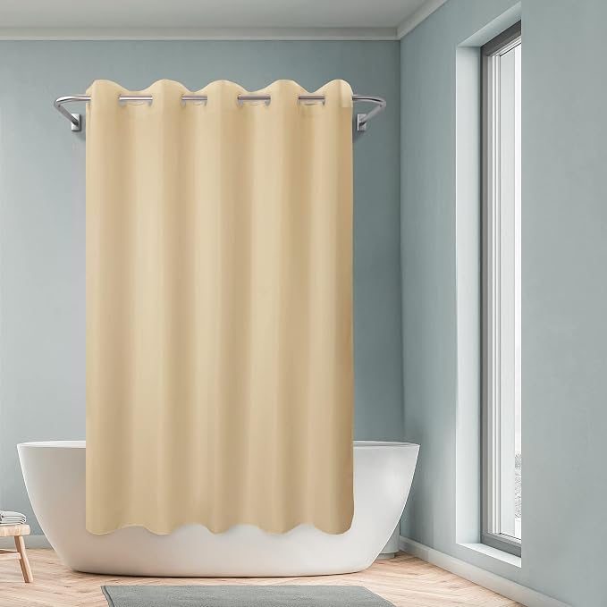 River Dream No Hook Hotel Cloth Shower Curtain Beige, Standard Size | Waterproof Microfiber, Bottom Magnets, Soft Washable Fabric Shower Curtain or Liner, 71W x 74H