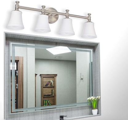 Bathroom Vanity Light Fixtures, Traditional Brushed Nickel 4 Lights Wall Sconce Lighting with Opal Glass Shade, Porch Wall Mount Light Fixture for Bathroom, Mirror Cabinets Hallway Stairs