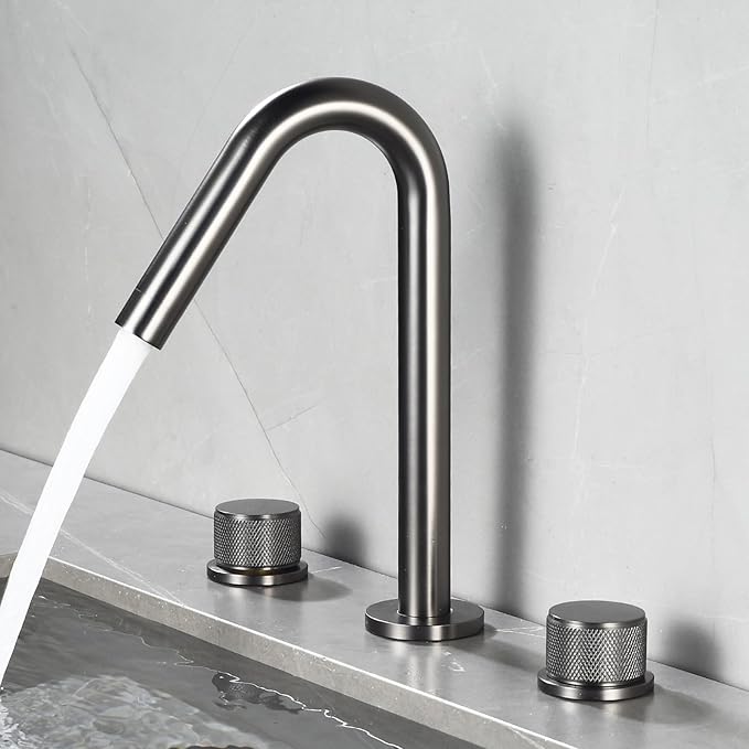 3 Hole Basin Mixer Faucet Brass Swivel Hot and Cold Water Double Handle 3 Hole Bathroom Faucets-Grey