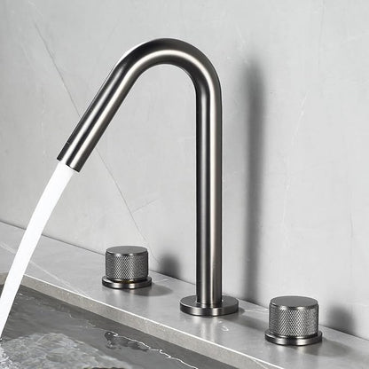 3 Hole Basin Mixer Faucet Brass Swivel Hot and Cold Water Double Handle 3 Hole Bathroom Faucets-Grey