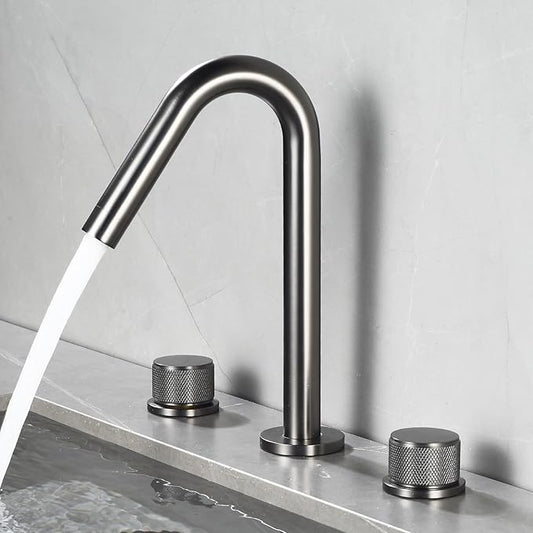 3 Hole Basin Mixer Faucet Brass Swivel Hot and Cold Water Double Handle 3 Hole Bathroom Faucets-Grey