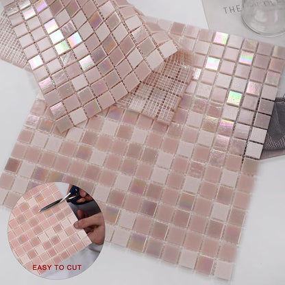 11.5 sq.ft Rainbow Pink Glass Mosaic Tile for Bathroom, Pool, Backsplash | Waterproof Wall & Floor Tile. Heat & frost resistant outdoors. Mesh-mounted easy install. Use any grout. Easy clean. 10pcs.