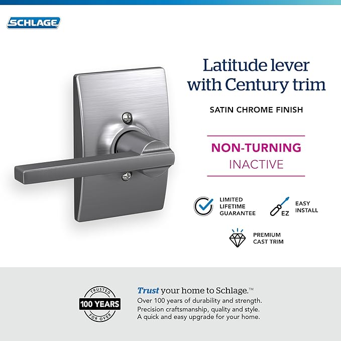SCHLAGE Latitude Lever with Century Trim Non-Turning Lock, Satin Chrome (F170 LAT 626 CEN)