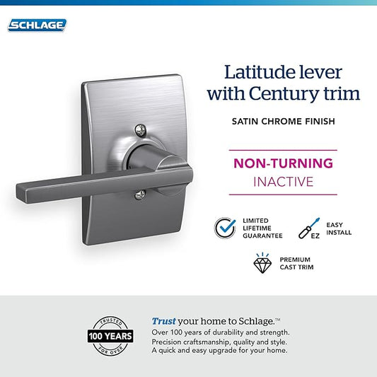 SCHLAGE Latitude Lever with Century Trim Non-Turning Lock, Satin Chrome (F170 LAT 626 CEN)