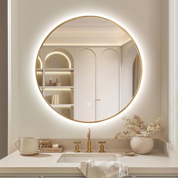 Niccy Round LED Bathroom Mirrors, Gold Framed Backlit Vanity Mirror, 36" | LED Smart Circle Mirror with 3 Color Lighting, Anti-Fog Lighted, IP65 Waterproof, Wall Mounted Bathroom Vanity