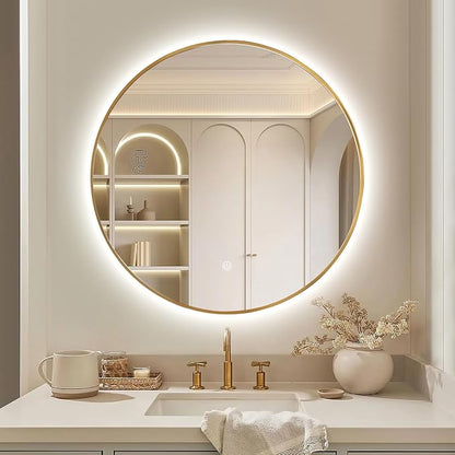 Niccy Round LED Bathroom Mirrors, Gold Framed Backlit Vanity Mirror, 36" | LED Smart Circle Mirror with 3 Color Lighting, Anti-Fog Lighted, IP65 Waterproof, Wall Mounted Bathroom Vanity
