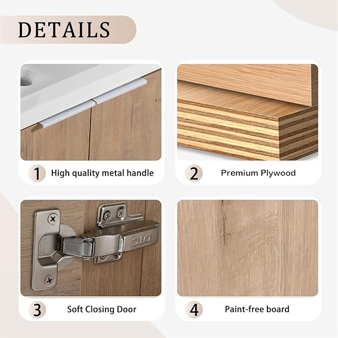 24 Inch Wall Mount Bathroom Vanity W/Sink Combo for Small Space, Modern Design Vanity Cabinet Gel Basin Countertop, Float Mounting Design Cabinet Set with Soft Close Doors (Oak, 23.6''x18.1''x19.3'')