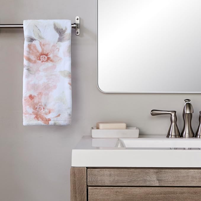 SKL Home Misty Floral Hand Towel Set-2pc, 100% Cotton, Blush | Soft, printed velour. Great for use in the bathroom, kitchen, bar, or any sink space & gifting.