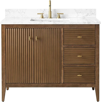 HOMEBEYOND 42" Bathroom Vanity with Sink, Solid Wood Bathroom Vanity Free-Standing Cabinet, Drawers, Ceramic Top & Soft Closing Door, Golden Brushed Handware, Walnut
