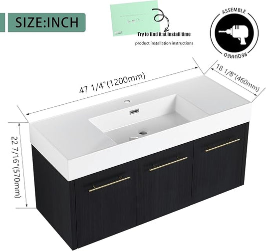 48 Inch Floating Bathroom Vanity,48" Bathroom Vanity with Sink,Modern Single Sink Vanity Combo,Black Wall Mounted Cabinet Set