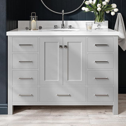 ARIEL Cambridge 48-inch Bathroom Vanity with Sink,Solid Wood, 1.5-inch Pure White Quartz Countertop & Backsplash, Single Oval Porcelain Sink, 2 Soft Closing Doors, 9 Dovetail Drawers, Grey