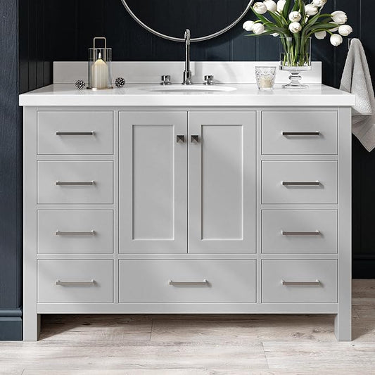ARIEL Cambridge 48-inch Bathroom Vanity with Sink,Solid Wood, 1.5-inch Pure White Quartz Countertop & Backsplash, Single Oval Porcelain Sink, 2 Soft Closing Doors, 9 Dovetail Drawers, Grey