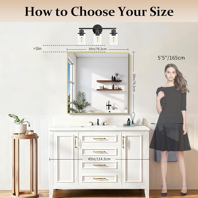 COFENY Gold Bathroom Mirror for Wall, 30x30 Inch Square Mirrors with Metal Frame, Modern Vanity Wall Mirror Decor for Bathroom Living Room, Entryway Hangs Horizontal or Vertical