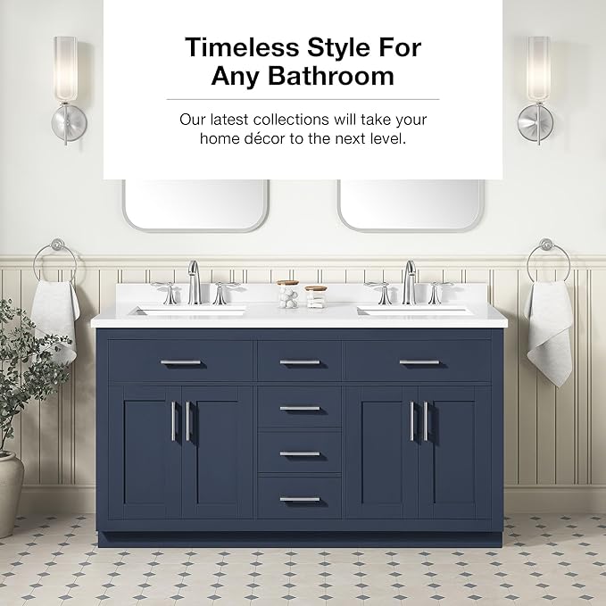 OVE Decors Bailey 60 in. Double Sink Freestanding Midnight Blue Bathroom Vanity with White Quartz Top, Matching Backsplash and Power Bar