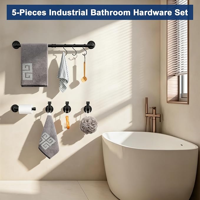 NearMoon 5-Pieces Industrial Pipe Bathroom Hardware Set, Include Towel Bar, Toilet Paper Holder and 3 Robe Hooks, Heavy Duty DIY Style Wall Mounted Rustic Decor Accessories Kit (Black, 24 Inch)
