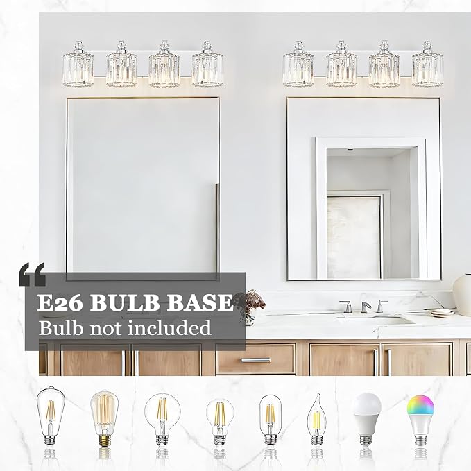 4-Light Modern Bathroom Light Fixture Chrome Vanity Lights Over Mirror Wall Sconce Lighting with K9 Crystal Shades Bathroom Wall Lamp E26 Base for Bedroom, Living Room, Hallway, Cabinet
